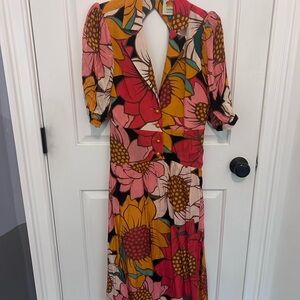 Farm Rio Floral Button-Front Midi Dress in Pink & Mustard small